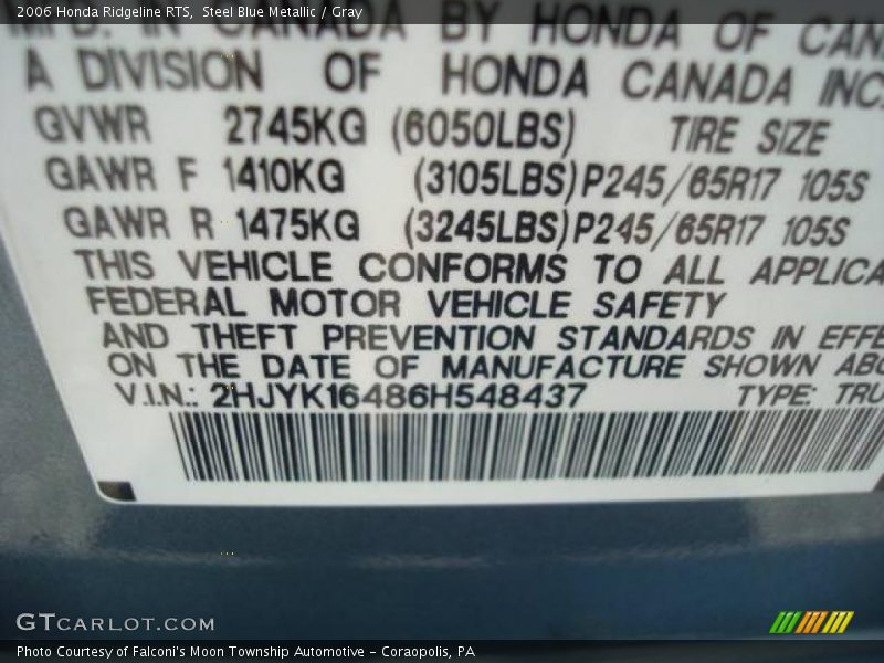 Steel Blue Metallic / Gray 2006 Honda Ridgeline RTS
