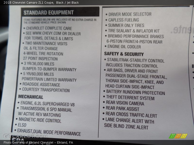 Black / Jet Black 2018 Chevrolet Camaro ZL1 Coupe