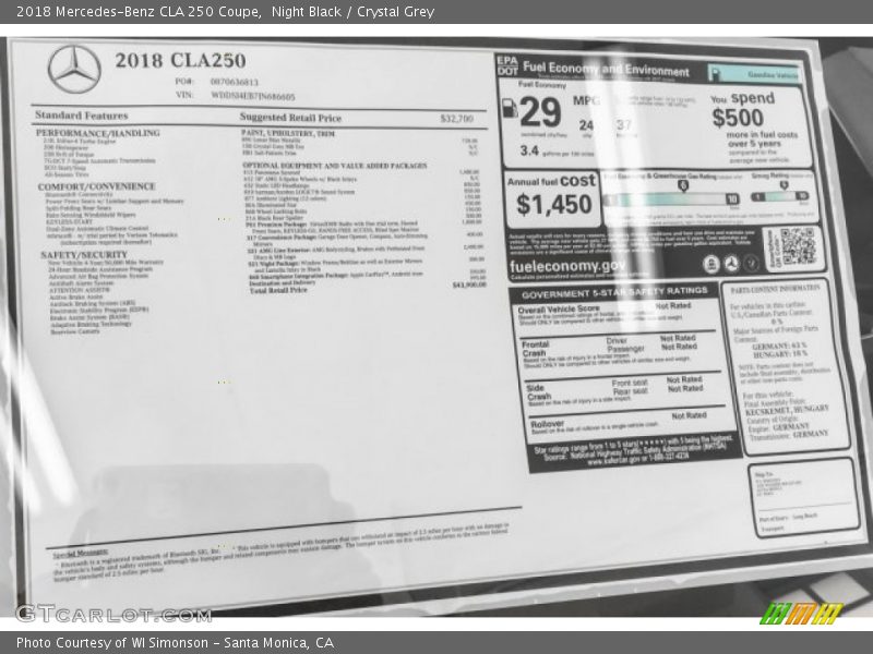 Night Black / Crystal Grey 2018 Mercedes-Benz CLA 250 Coupe