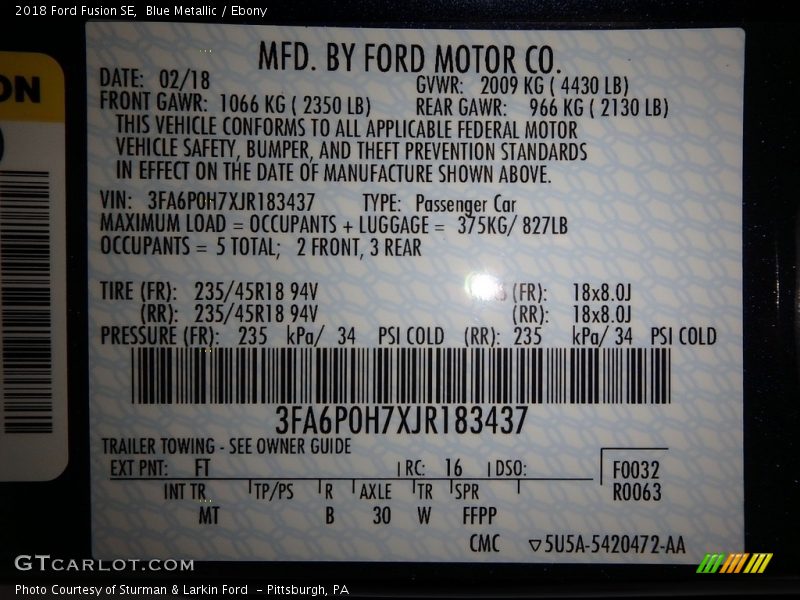 Blue Metallic / Ebony 2018 Ford Fusion SE