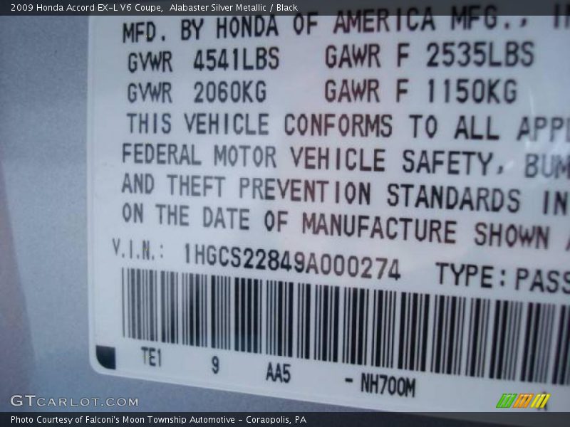 Alabaster Silver Metallic / Black 2009 Honda Accord EX-L V6 Coupe