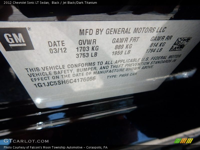 Black / Jet Black/Dark Titanium 2012 Chevrolet Sonic LT Sedan