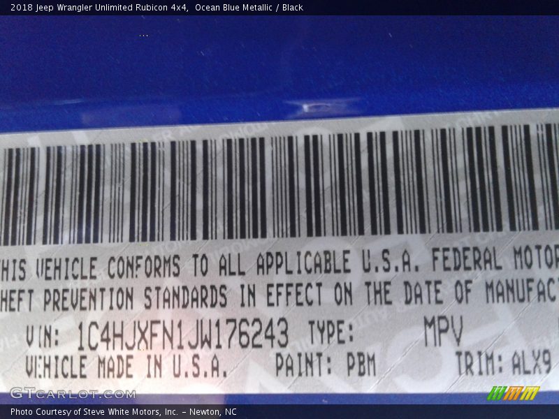 2018 Wrangler Unlimited Rubicon 4x4 Ocean Blue Metallic Color Code PBM