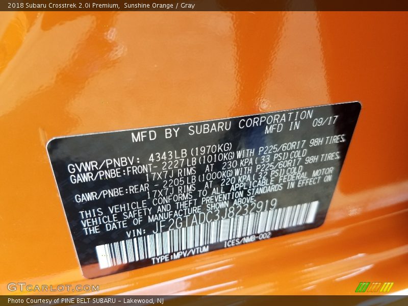 Sunshine Orange / Gray 2018 Subaru Crosstrek 2.0i Premium