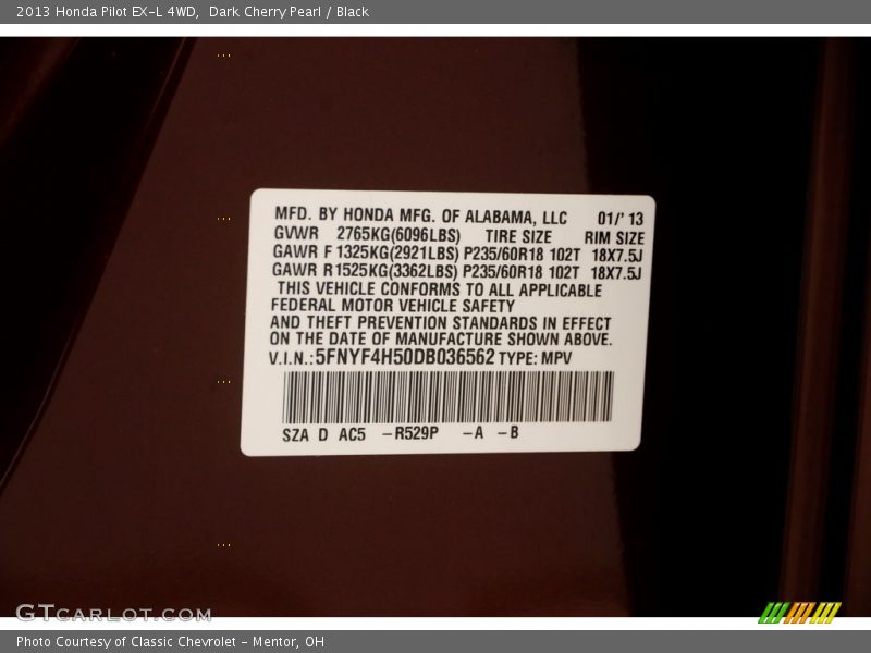Dark Cherry Pearl / Black 2013 Honda Pilot EX-L 4WD