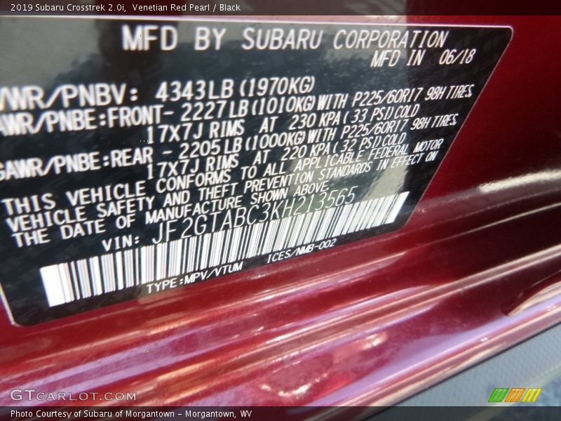Venetian Red Pearl / Black 2019 Subaru Crosstrek 2.0i