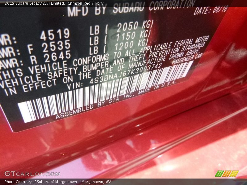 Crimson Red / Ivory 2019 Subaru Legacy 2.5i Limited