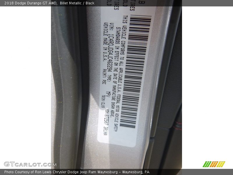 Billet Metallic / Black 2018 Dodge Durango GT AWD