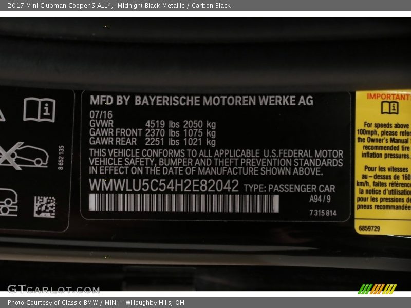 Midnight Black Metallic / Carbon Black 2017 Mini Clubman Cooper S ALL4