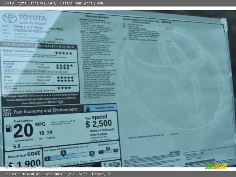 Blizzard Pearl White / Ash 2019 Toyota Sienna XLE AWD