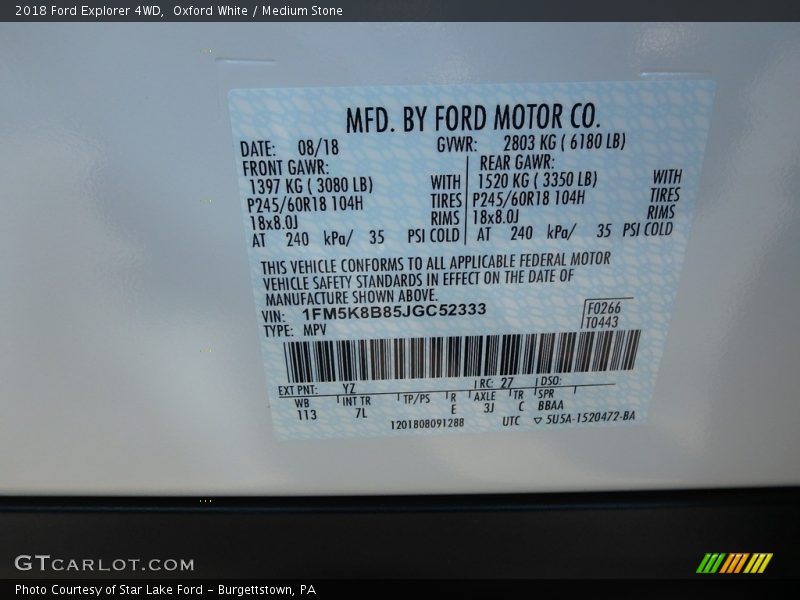 Oxford White / Medium Stone 2018 Ford Explorer 4WD