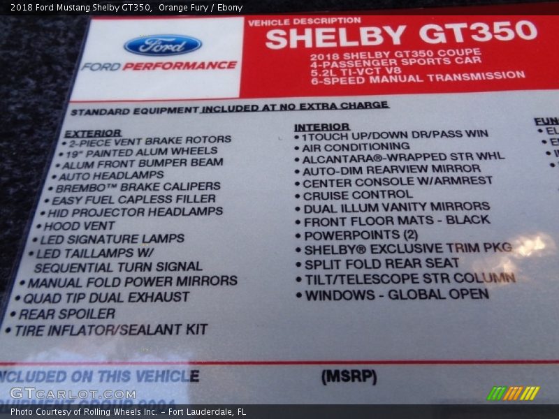  2018 Mustang Shelby GT350 Window Sticker