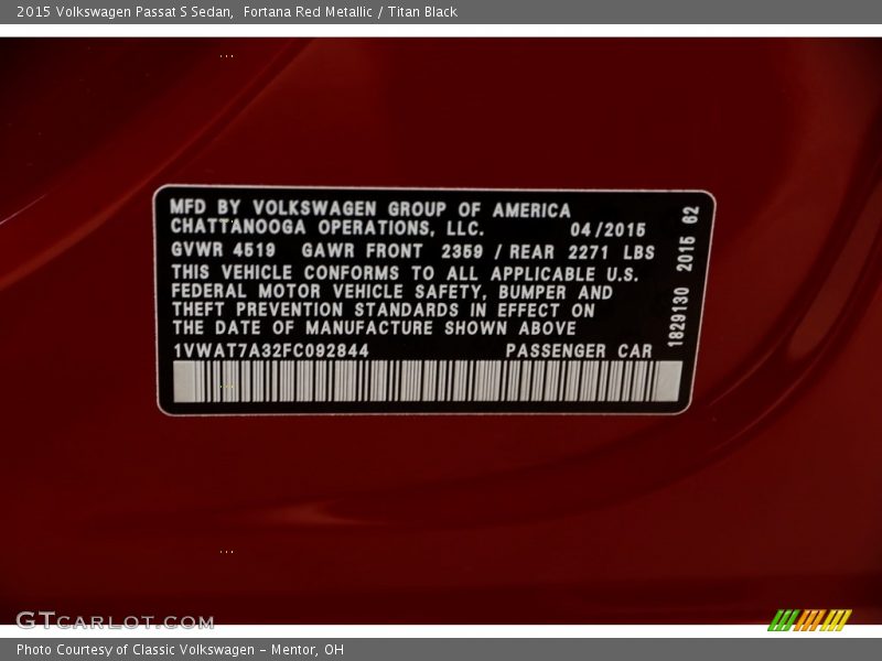 Fortana Red Metallic / Titan Black 2015 Volkswagen Passat S Sedan
