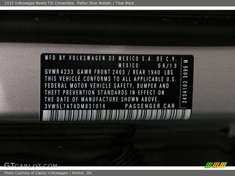 Reflex Silver Metallic / Titan Black 2013 Volkswagen Beetle TDI Convertible