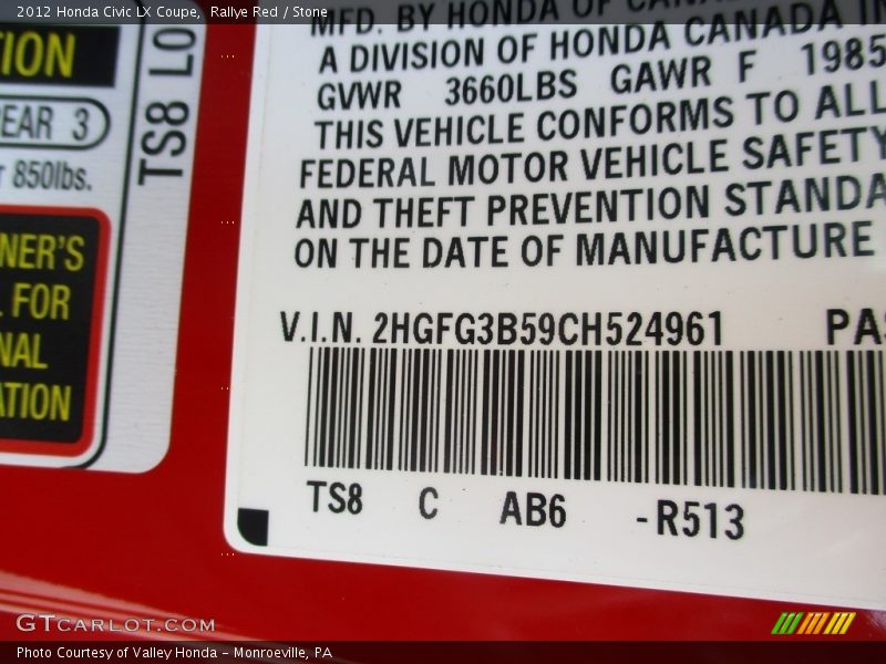 Rallye Red / Stone 2012 Honda Civic LX Coupe