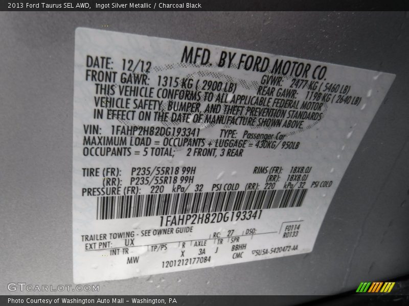 Ingot Silver Metallic / Charcoal Black 2013 Ford Taurus SEL AWD