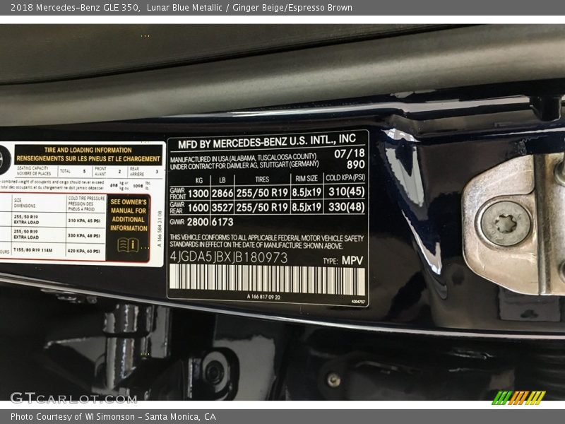 Lunar Blue Metallic / Ginger Beige/Espresso Brown 2018 Mercedes-Benz GLE 350