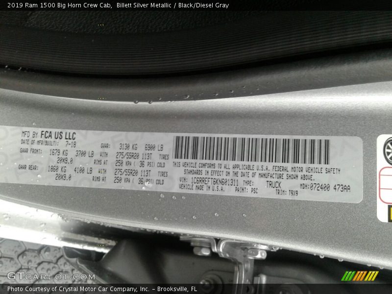 Billett Silver Metallic / Black/Diesel Gray 2019 Ram 1500 Big Horn Crew Cab