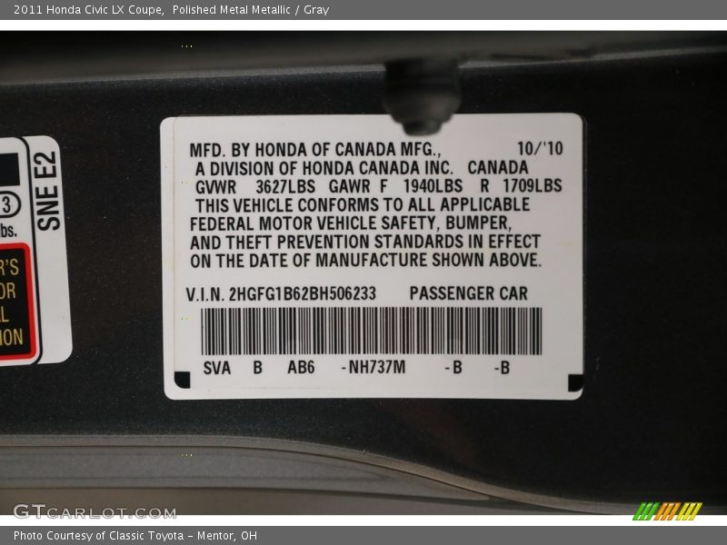 Polished Metal Metallic / Gray 2011 Honda Civic LX Coupe