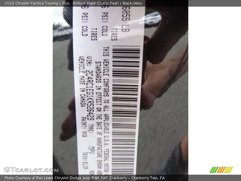 2019 Pacifica Touring L Plus Brilliant Black Crystal Pearl Color Code PXR