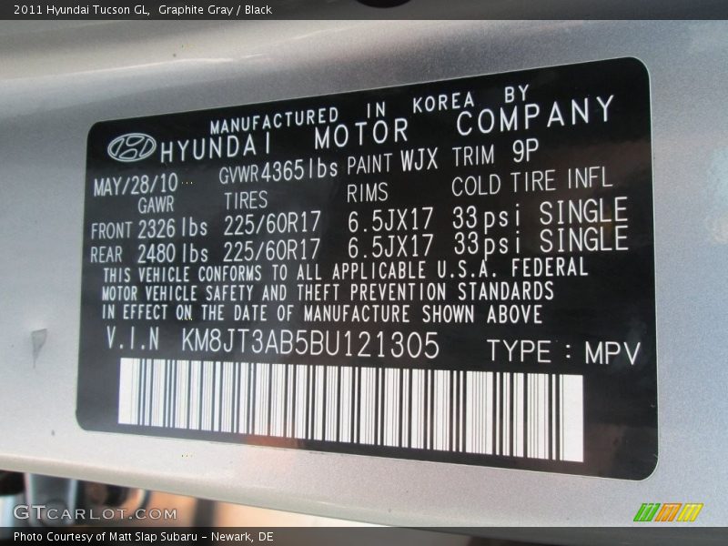 Graphite Gray / Black 2011 Hyundai Tucson GL