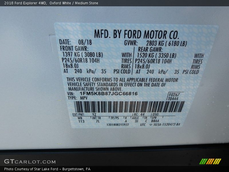 Oxford White / Medium Stone 2018 Ford Explorer 4WD