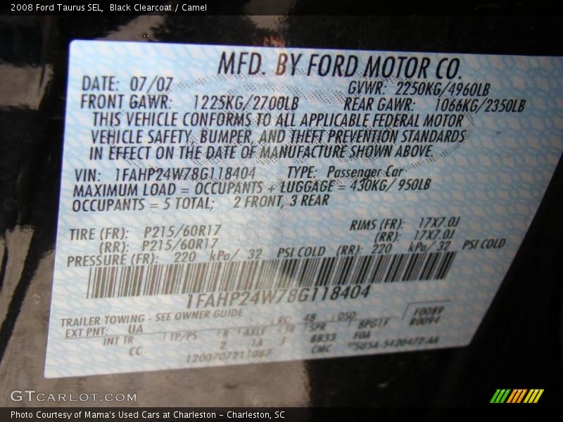 Black Clearcoat / Camel 2008 Ford Taurus SEL