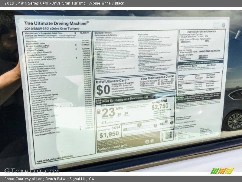  2019 6 Series 640i xDrive Gran Turismo Window Sticker