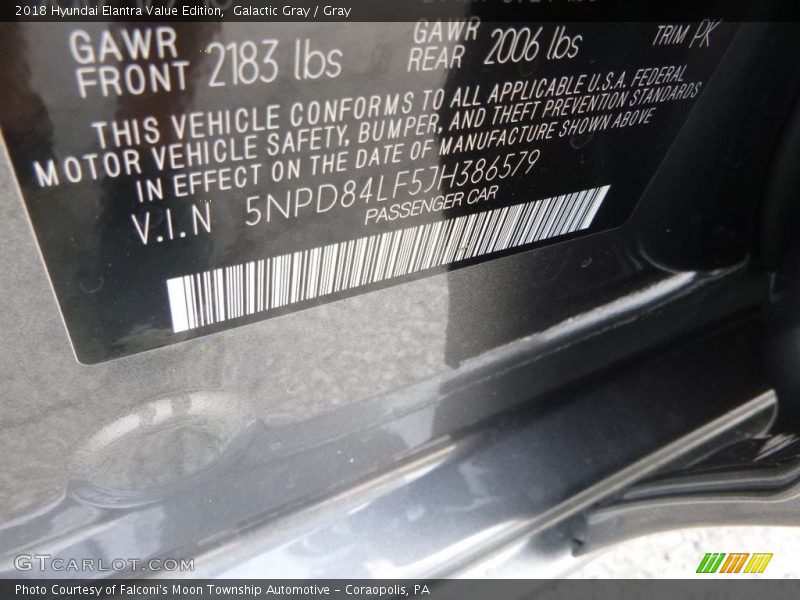 Galactic Gray / Gray 2018 Hyundai Elantra Value Edition