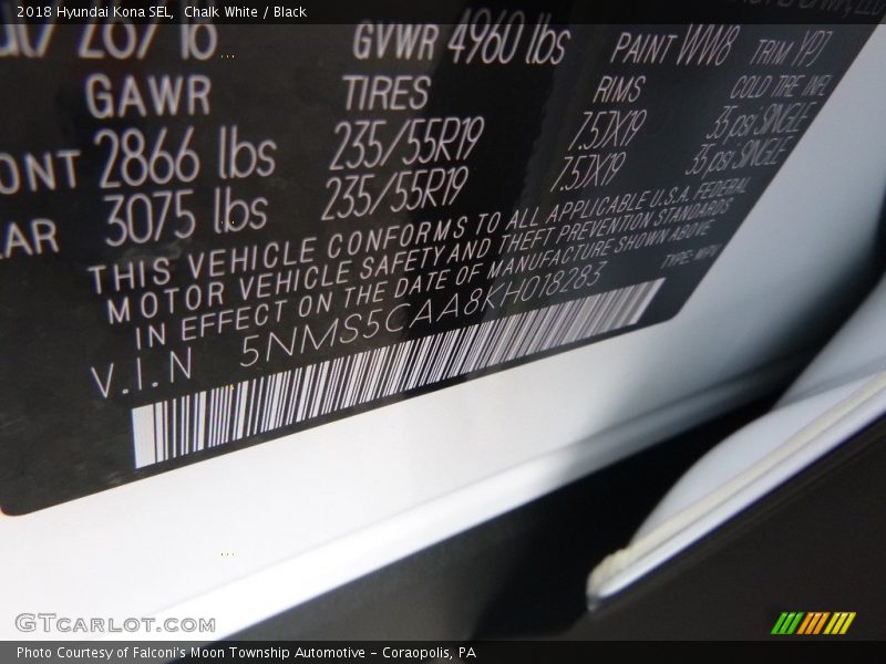 Chalk White / Black 2018 Hyundai Kona SEL