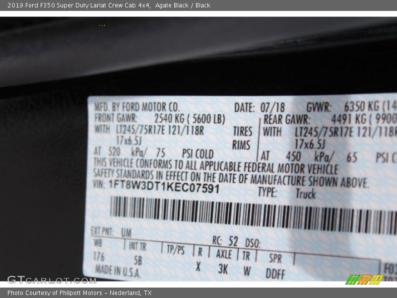 2019 F350 Super Duty Lariat Crew Cab 4x4 Agate Black Color Code UM