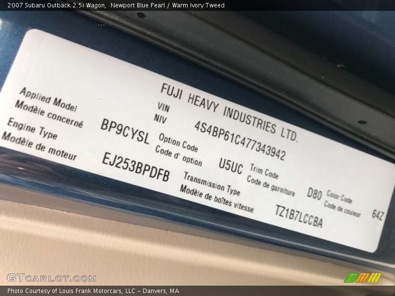 Newport Blue Pearl / Warm Ivory Tweed 2007 Subaru Outback 2.5i Wagon