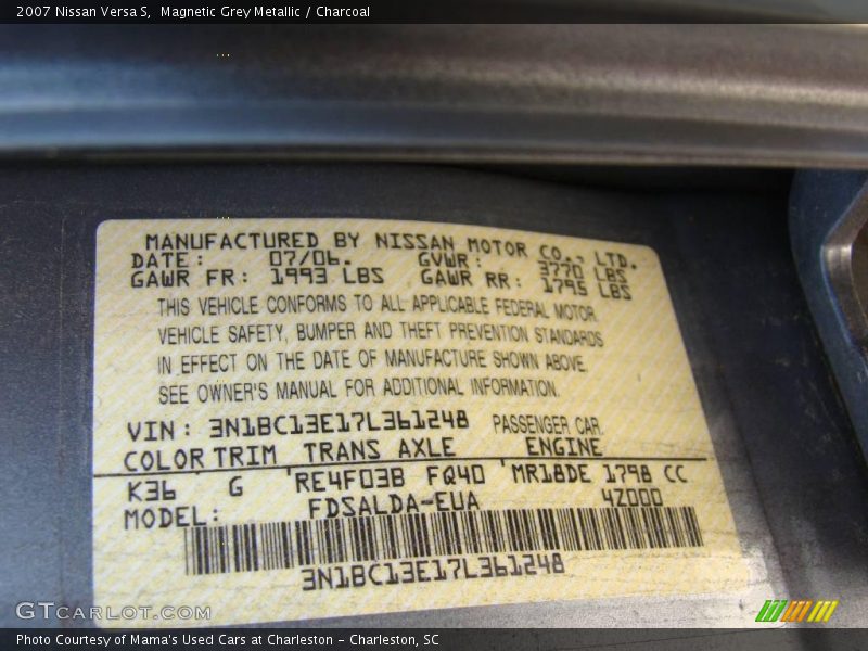 Magnetic Grey Metallic / Charcoal 2007 Nissan Versa S