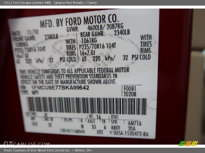 Sangria Red Metallic / Camel 2011 Ford Escape Limited 4WD