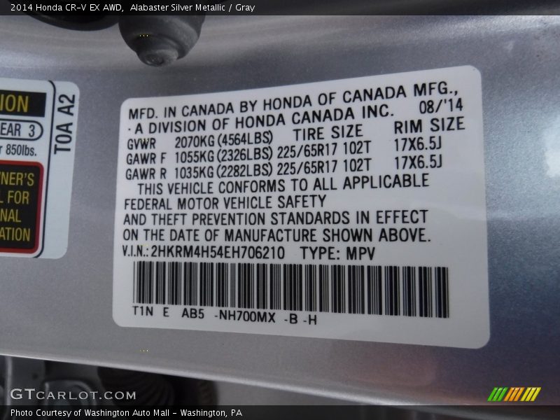 Alabaster Silver Metallic / Gray 2014 Honda CR-V EX AWD