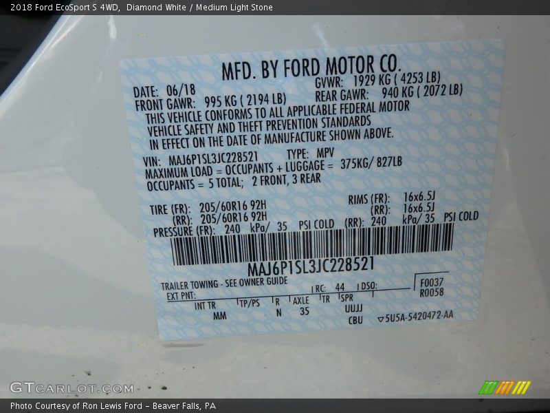 Diamond White / Medium Light Stone 2018 Ford EcoSport S 4WD