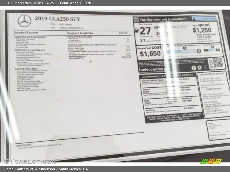  2019 GLA 250 Window Sticker
