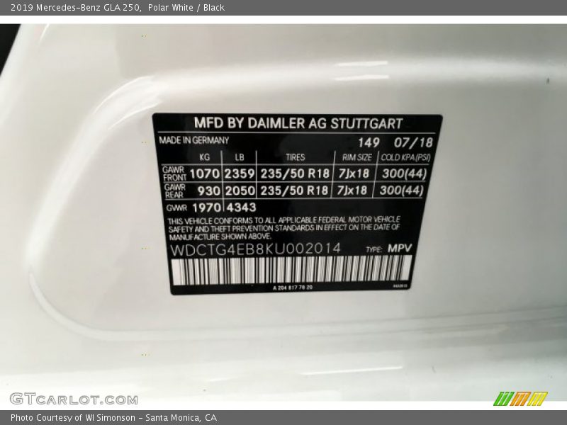 2019 GLA 250 Polar White Color Code 149
