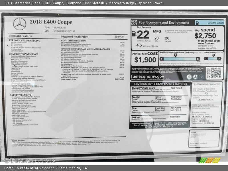  2018 E 400 Coupe Window Sticker