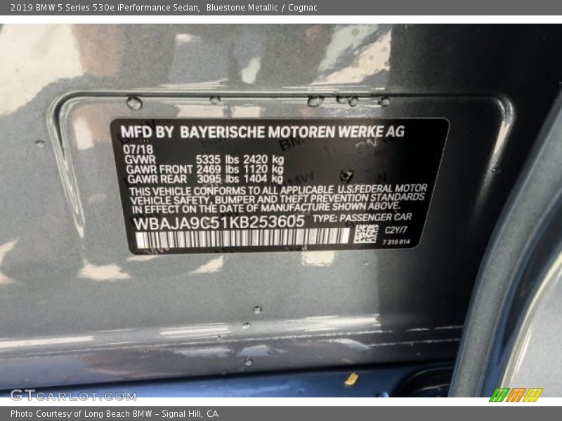2019 5 Series 530e iPerformance Sedan Bluestone Metallic Color Code CY2