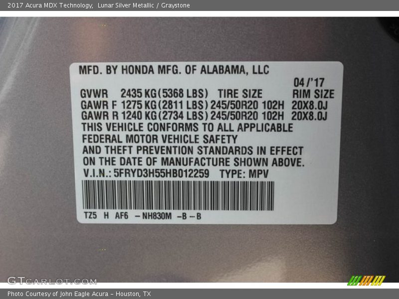 Lunar Silver Metallic / Graystone 2017 Acura MDX Technology