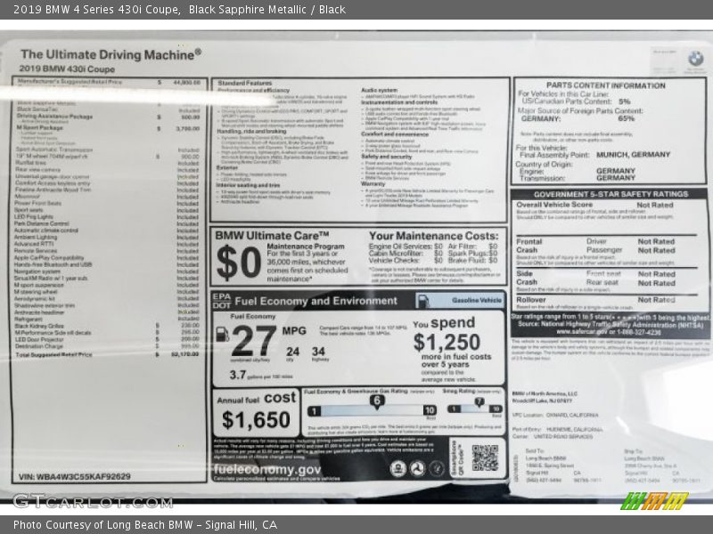  2019 4 Series 430i Coupe Window Sticker