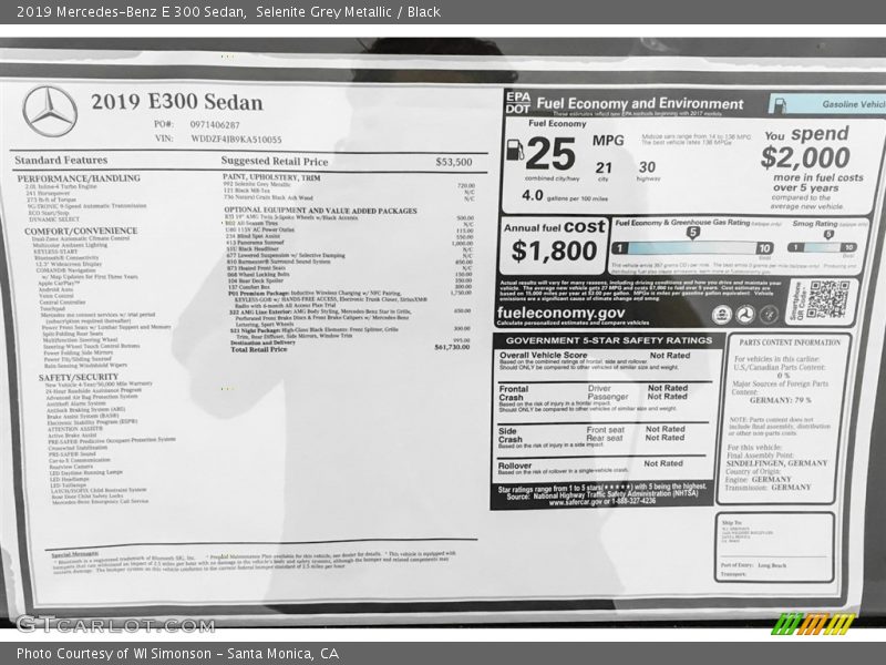  2019 E 300 Sedan Window Sticker