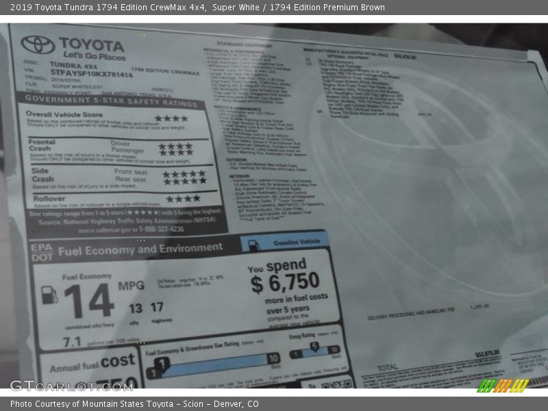  2019 Tundra 1794 Edition CrewMax 4x4 Window Sticker