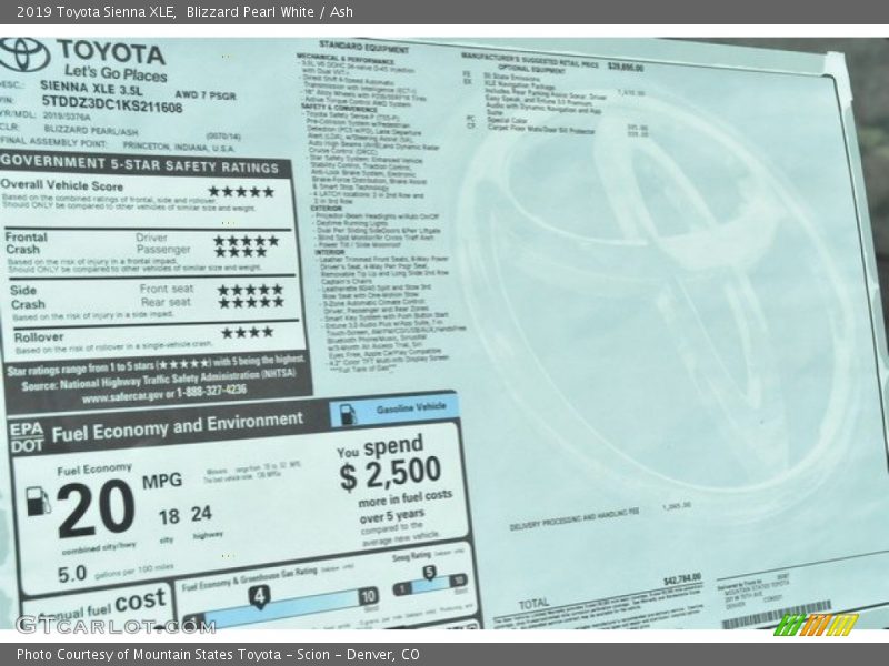 Blizzard Pearl White / Ash 2019 Toyota Sienna XLE