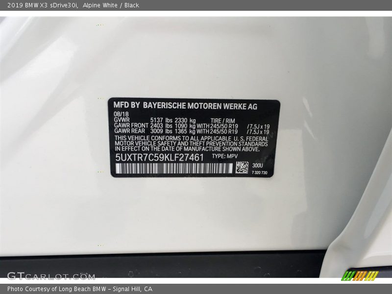 Alpine White / Black 2019 BMW X3 sDrive30i