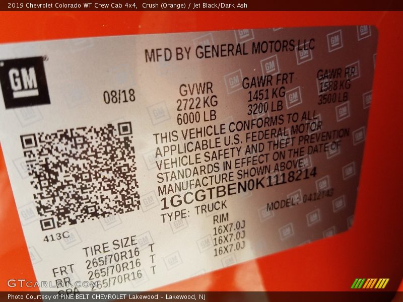 Crush (Orange) / Jet Black/Dark Ash 2019 Chevrolet Colorado WT Crew Cab 4x4