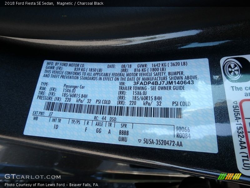 2018 Fiesta SE Sedan Magnetic Color Code J7