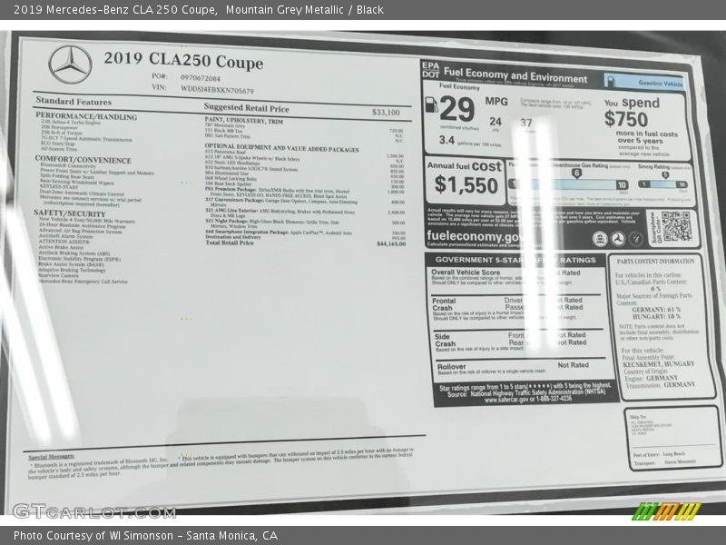 Mountain Grey Metallic / Black 2019 Mercedes-Benz CLA 250 Coupe