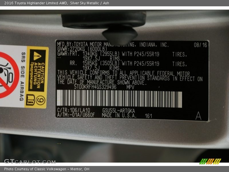 Silver Sky Metallic / Ash 2016 Toyota Highlander Limited AWD
